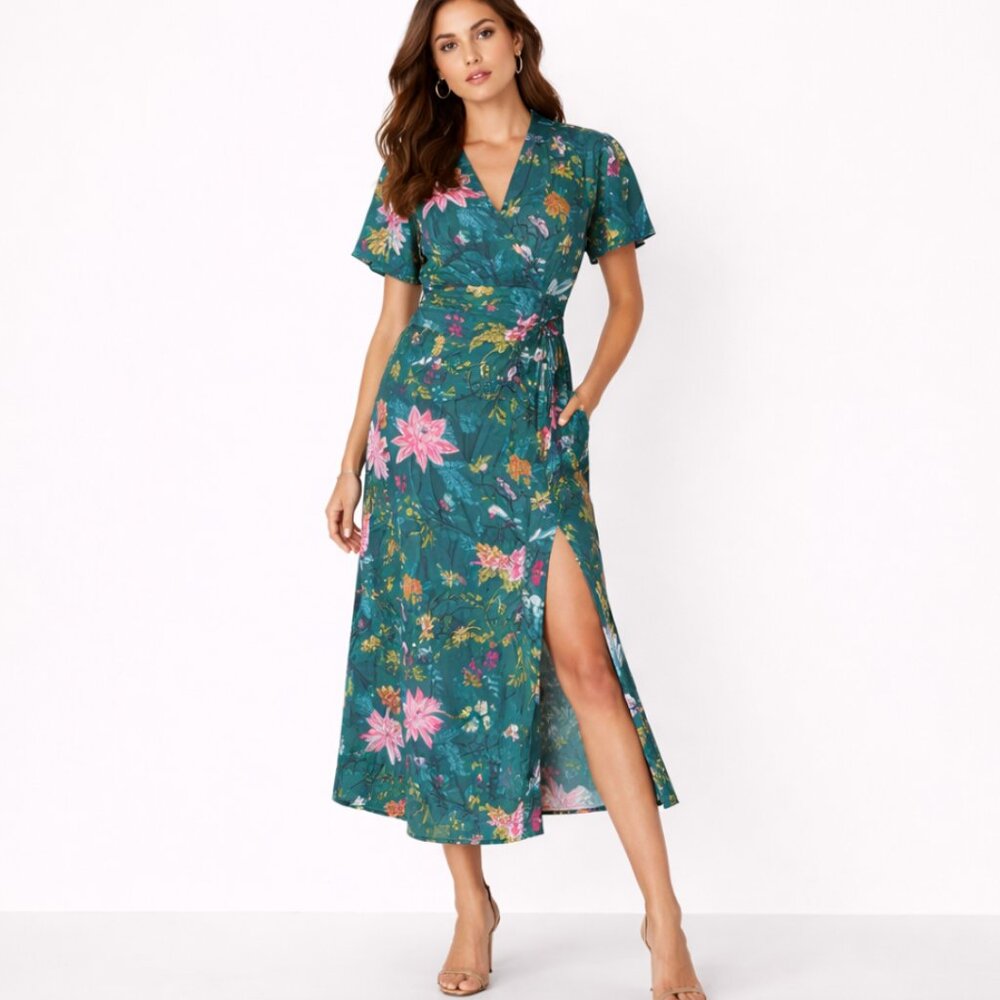 Anthropologie Teal Floral Wrap Midi Dress with Pink & Yellow Blooms